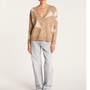 Maison Montagut Felixa 100% Cashmere V-Neck Sweater Geometric Intarsia Tan Sz S
